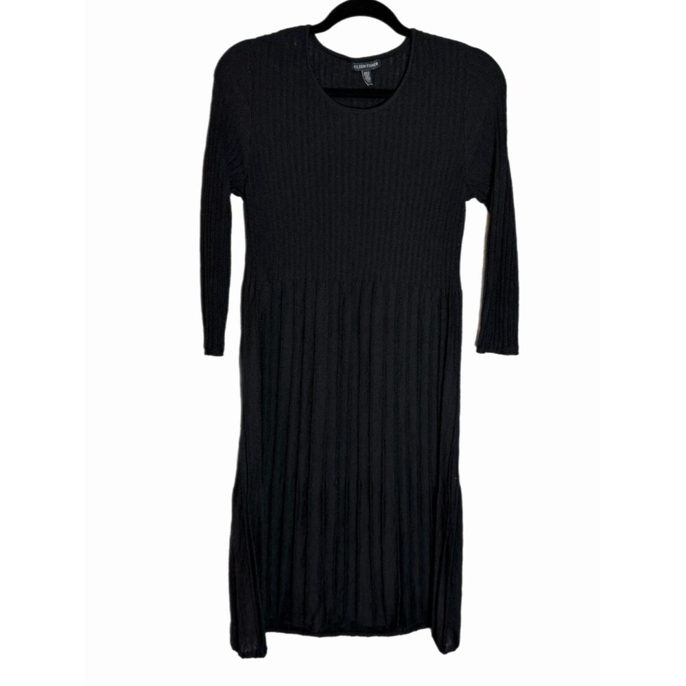Eileen Fisher 100% Wool Black Pleated 3/4 Sleeve Midi Dress Size XS